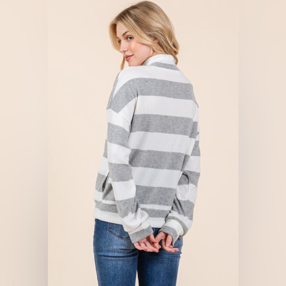 BOMBOM Striped Quarter Zip Drop Shoulder Sweatshirt - Picture 4 of 4